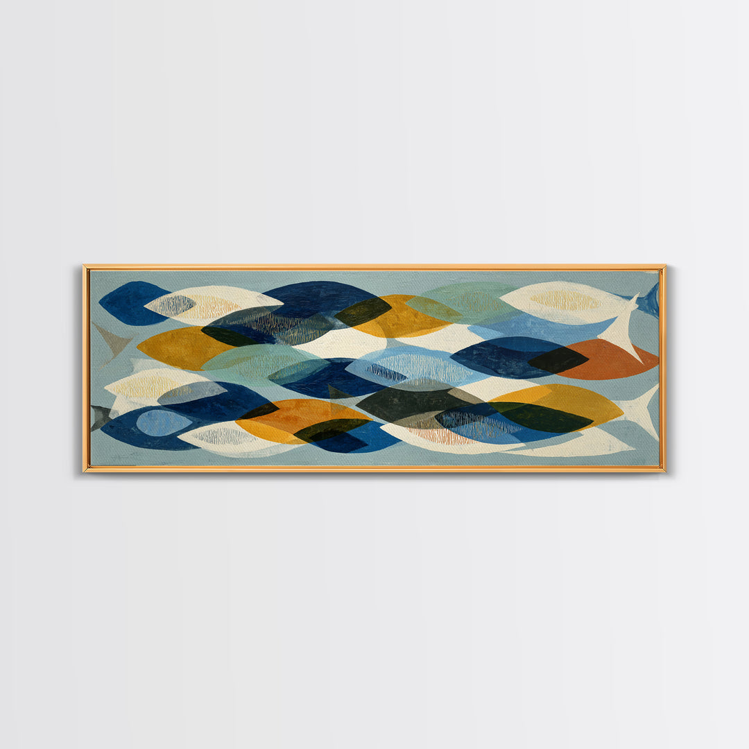 Abstract Fish Shapes Framed Canvas Print, Midcentury Modern Art, Digital Print, Living Room Decor, Retro, Minimalist Wall Art, MMA-3x1-82