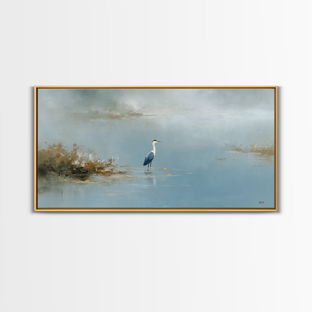 Blue Heron Standing Framed Canvas Print, Medical Office Art, Art Print, Office Decor, Calm, Printable Art, Minimalist Art, MOA-2x1-10