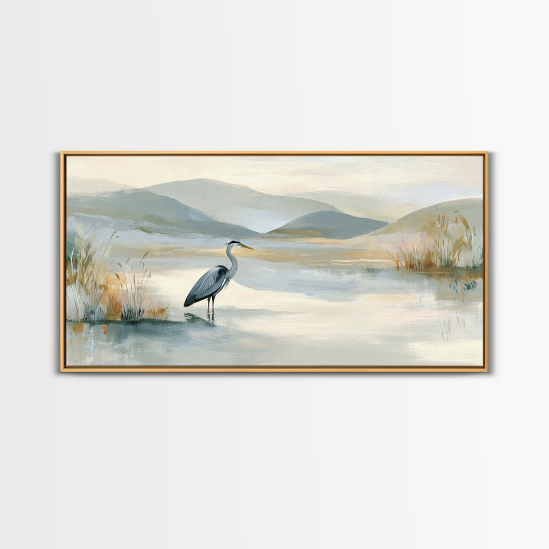 Blue Heron Standing Framed Canvas Print, Medical Office Art, Art Print, Office Decor, Calm, Printable Art, Minimalist Art, MOA-2x1-34