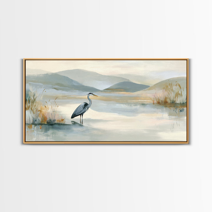 Blue Heron Standing Framed Canvas Print, Medical Office Art, Art Print, Office Decor, Calm, Printable Art, Minimalist Art, MOA-2x1-34