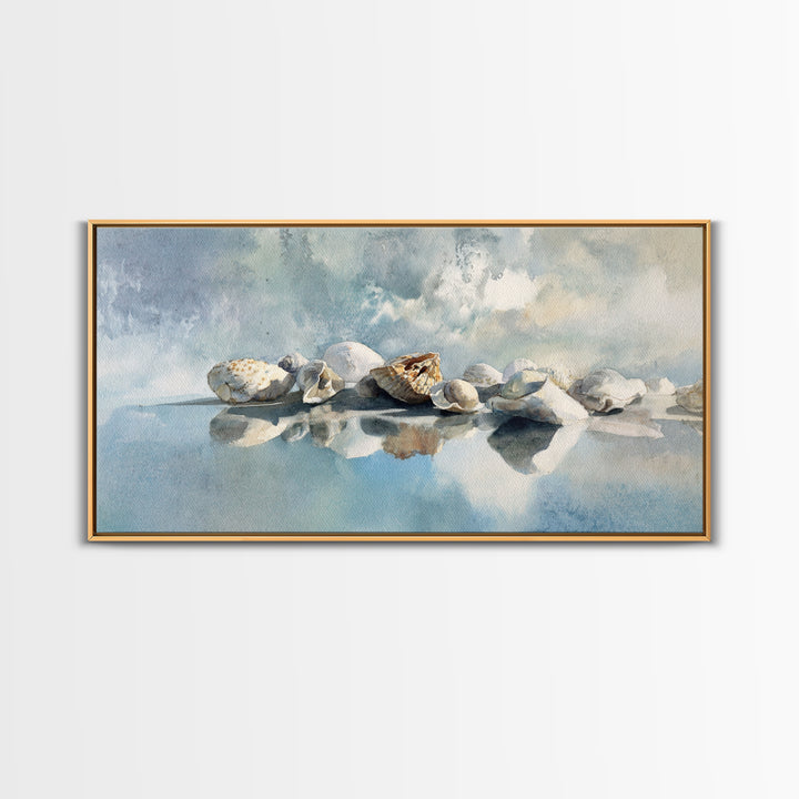 Coastal Shells and Water Study Framed Canvas Print, Medical Office Art, Home Decor, Office Decor, Fine Art, Calm, Medical Art, MOA-2x1-40