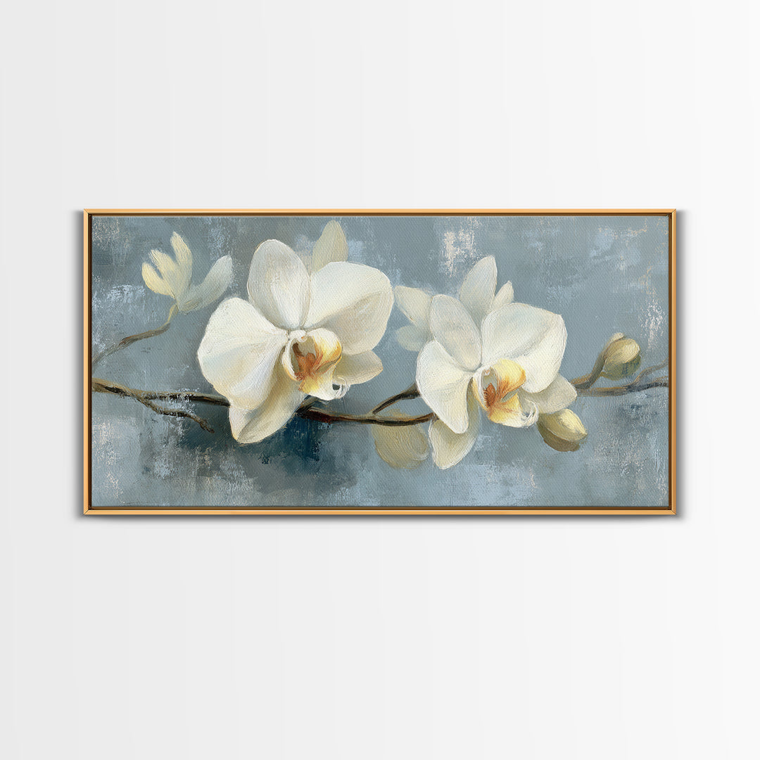 White Orchid on Gray Stone Surface Framed Canvas Print, Medical Office Art, Minimalist Decor, Office Decor, Fine Art, Calm, MOA-2x1-50