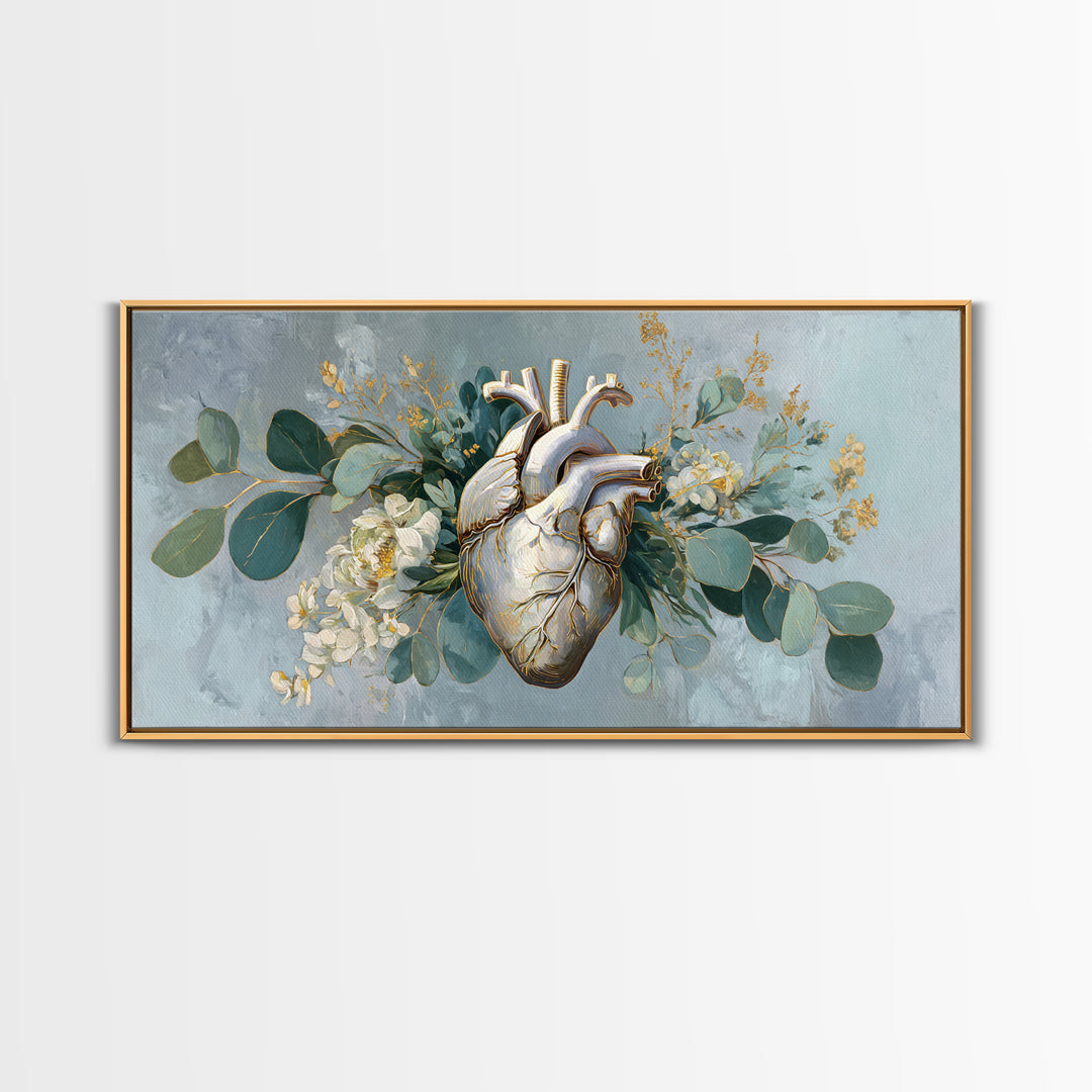 Anatomical Heart Rendered as Tasteful Botanical Art Canvas Print, Medical Office Art, Digital Art, Office Decor, Watercolor Art, MOA-2x1-57