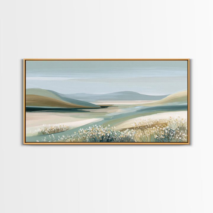 Sunlit Meadow with Wildflowers and Calm Mood Framed Canvas Print, Medical Office Art, Luxury Decor, Office Decor, MOA-2x1-8