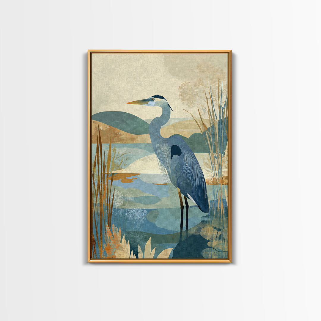 Blue Heron Standing Framed Canvas Print, Medical Office Art, Textured Painting, Office Decor, Fine Art, Calm, Minimalist Art, MOA-2x3-22
