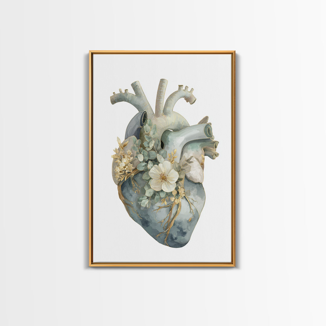 Anatomical Heart Rendered as Tasteful Botanical Art Canvas Print, Medical Office Art, Office Decor, Oil Painting, Calm, MOA-2x3-45