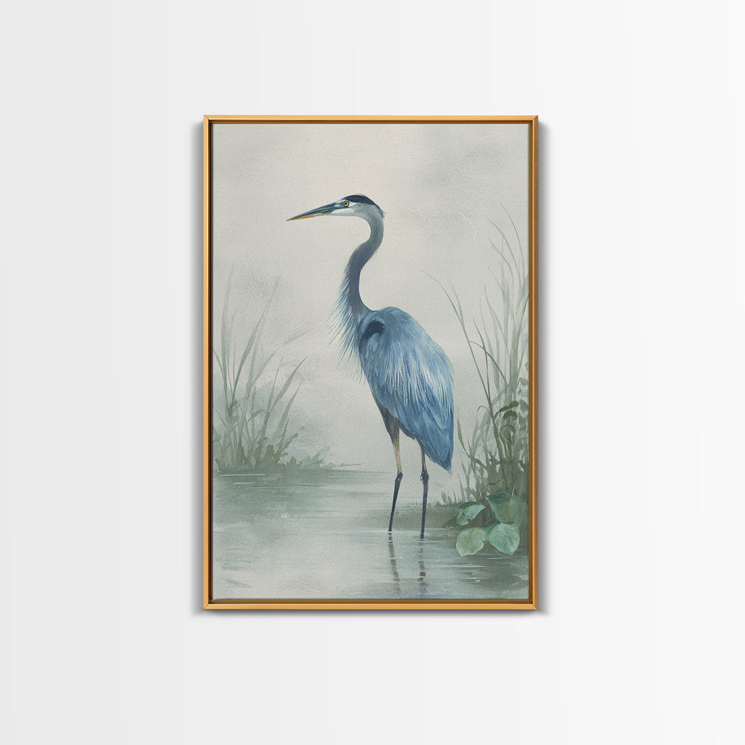 Blue Heron Standing Framed Canvas Print, Medical Office Art, Textured Painting, Office Decor, Fine Art, Calm, Minimalist Art, MOA-2x3-46