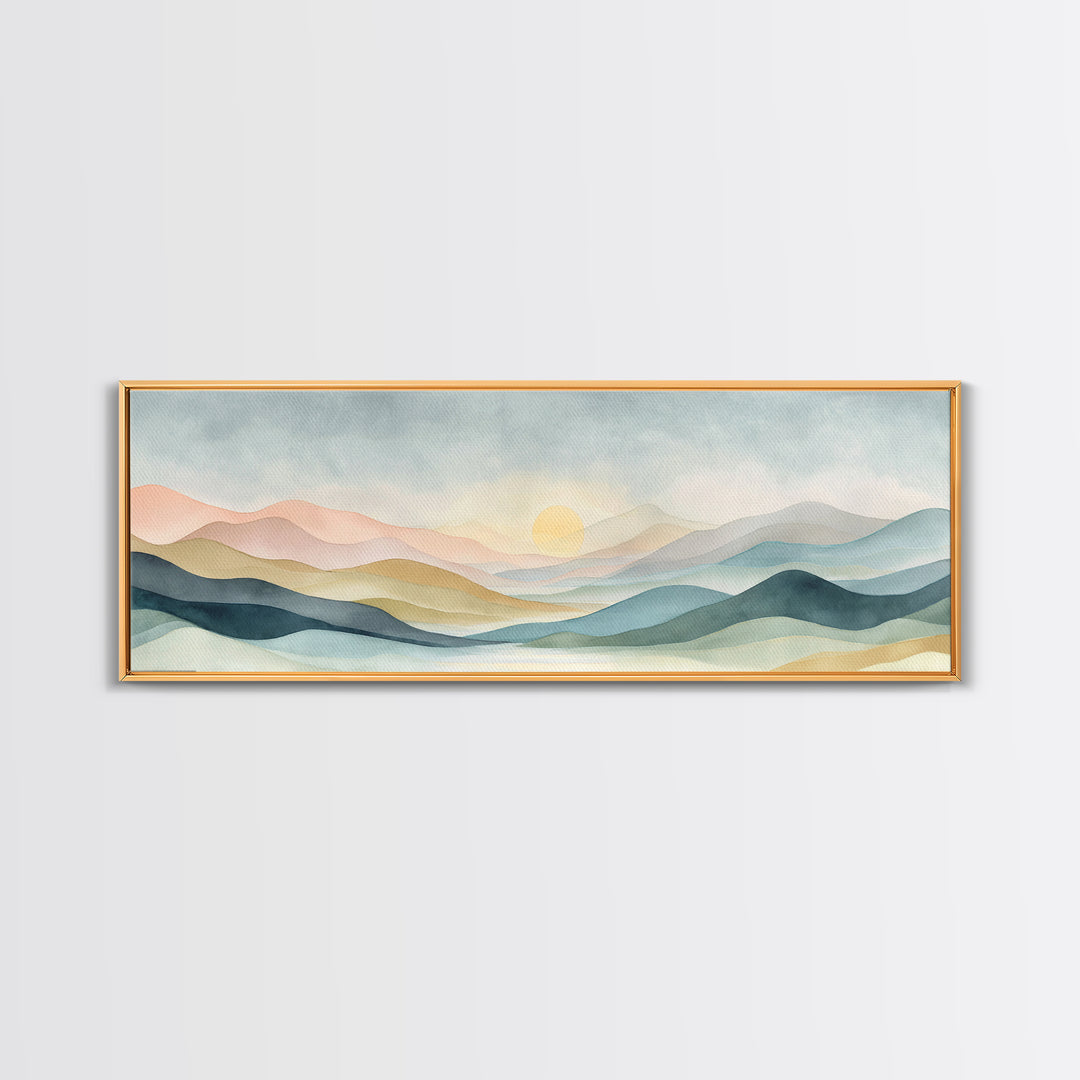 Minimal Sunrise over Rounded Hills Framed Canvas Print, Medical Office Art, Science Art, Office Decor, Fine Art, Calm, MOA-3x1-15