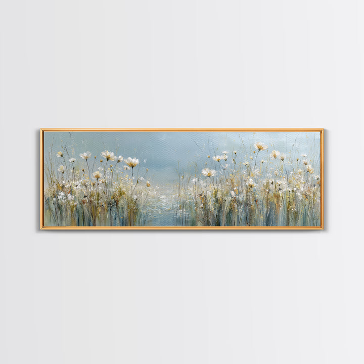 Sunlit Meadow with Wildflowers and Calm Mood Framed Canvas Print, Medical Office Art, Science Art, Office Decor, Watercolor Art, MOA-3x1-28