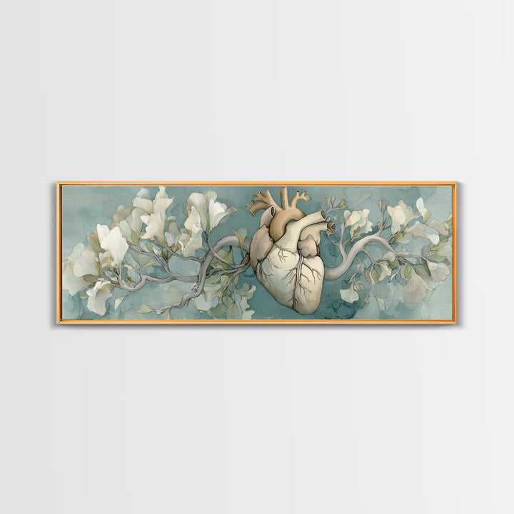 Anatomical Heart Rendered as Tasteful Botanical Art Canvas Print, Medical Office Art, Minimalist Art, Office Decor, Calm, MOA-3x1-5