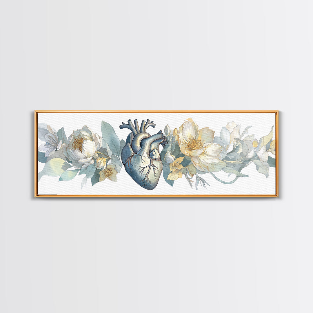 Anatomical Heart Rendered as Tasteful Botanical Art Canvas Print, Medical Office Art, Anatomy Poster, Office Decor, Calm, MOA-3x1-53