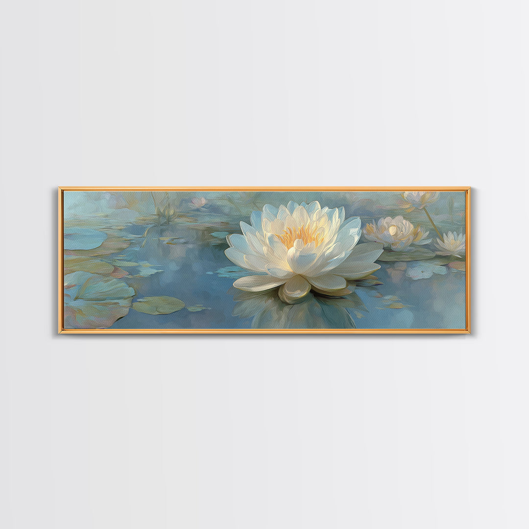 Lotus Flower Floating on Still Water Canvas Print, Medical Office Art, Teal Wall Art, Office Decor, Watercolor Art, Calm, MOA-3x1-75