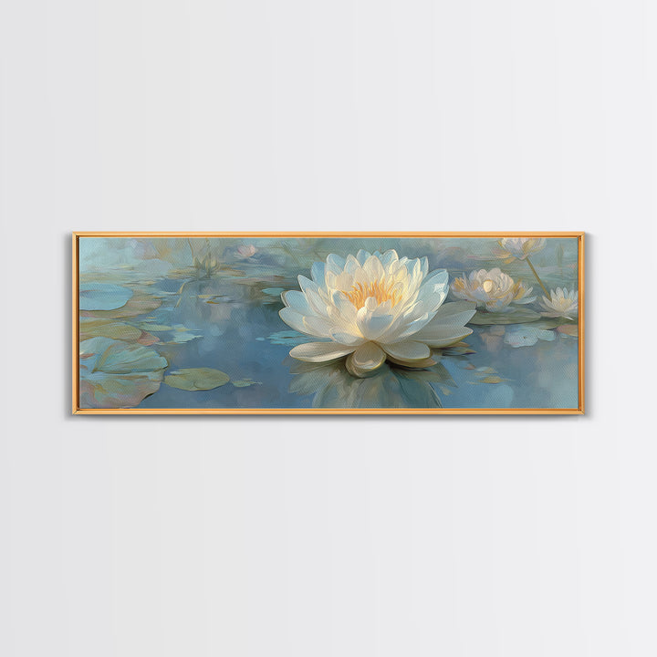 Lotus Flower Floating on Still Water Canvas Print, Medical Office Art, Teal Wall Art, Office Decor, Watercolor Art, Calm, MOA-3x1-75