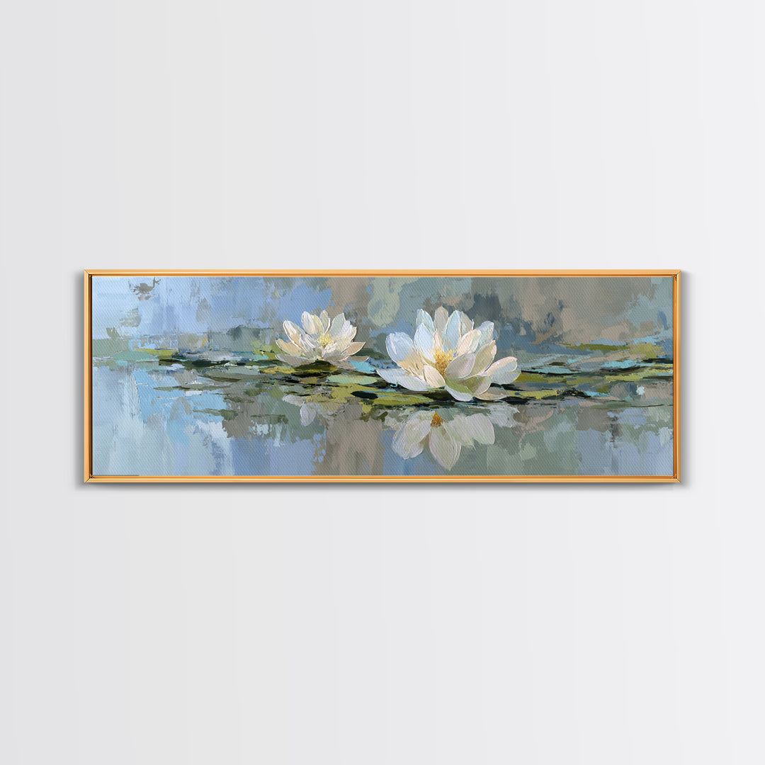 Lotus Flower Floating on Still Water Framed Canvas Print, Medical Office Art, Office Decor, Oil Painting, Calm, MOA-3x1-99