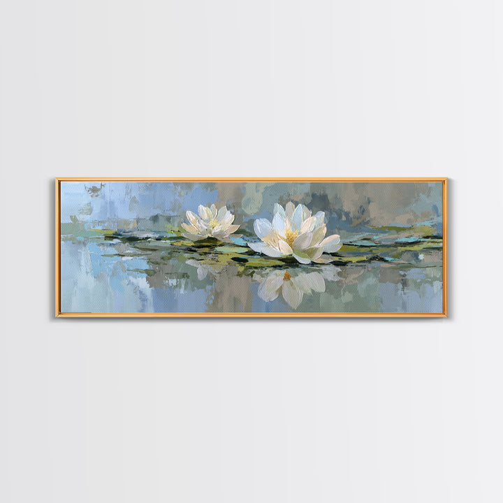 Lotus Flower Floating on Still Water Framed Canvas Print, Medical Office Art, Office Decor, Oil Painting, Calm, MOA-3x1-99