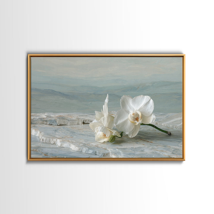 White Orchid on Gray Stone Surface Framed Canvas Print, Medical Office Art, Animal Art, Office Decor, Fine Art, Calm, MOA-3x2-10