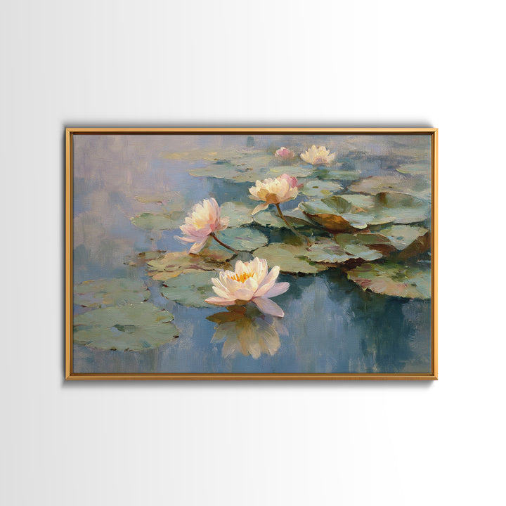 Lotus Flower Floating on Still Water Framed Canvas Print, Medical Office Art, Dental Office Decor, Office Decor, Oil Painting, MOA-3x2-63