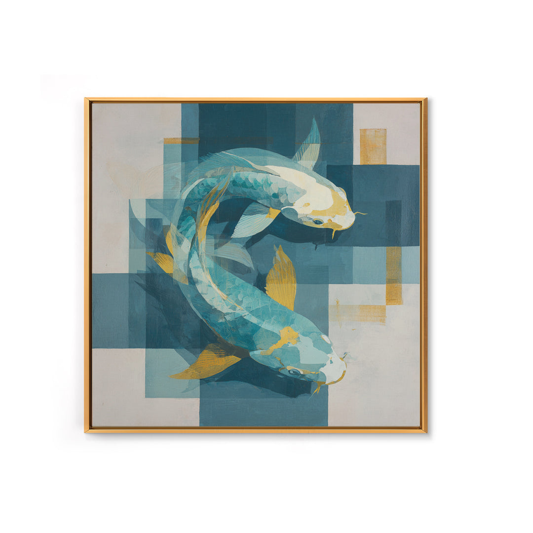 Teal Koi Fish on Tonal Water Framed Canvas Print, Monochrome Art, Gallery Decor, Living Room Decor, Fine Art, Mono, MON-1x1-41