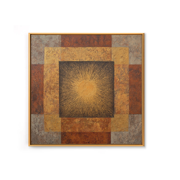 Gold Tonal Sunburst Medallion Framed Canvas Print, Monochrome Art, Wallpaper Mural, Living Room Decor, Fine Art, Mono, MON-1x1-62