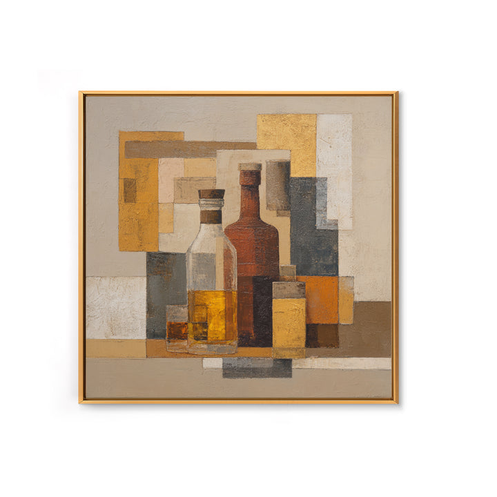 Brown Leather and Whiskey Still Life Framed Canvas Print, Monochrome Art, Abstract Painting, Living Room Decor, Fine Art, Mono, MON-1x1-71