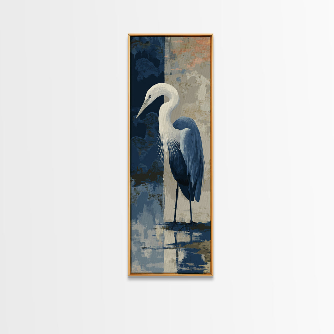 Blue Heron in Monochrome Navy Palette Framed Canvas Print, Monochrome Art, Apartment Decor, Living Room Decor, Fine Art, Mono, MON-1x3-92