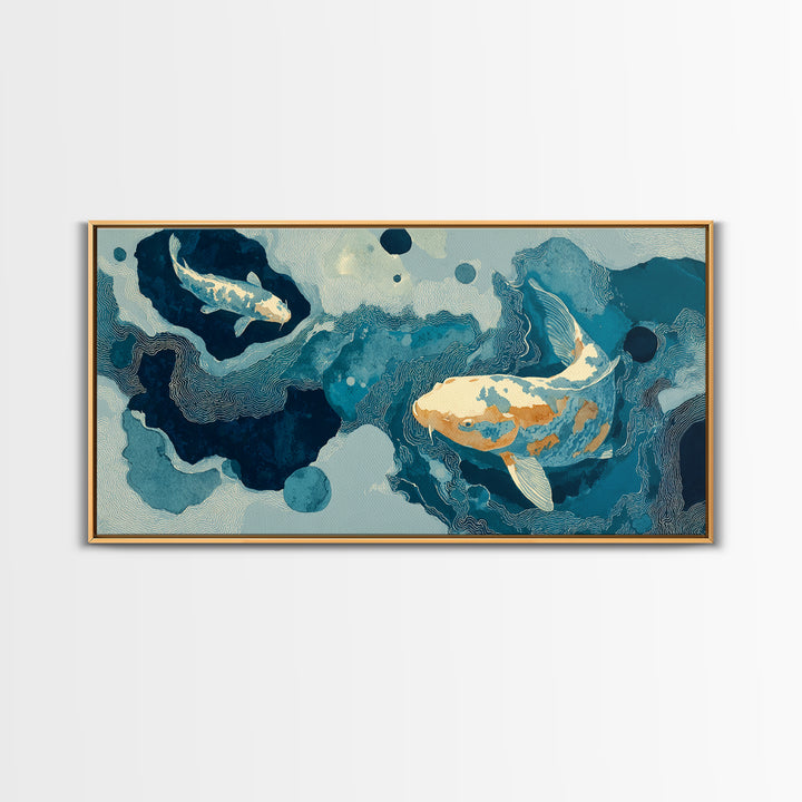 Teal Koi Fish on Tonal Water Framed Canvas Print, Monochrome Art, Digital Wall Art, Living Room Decor, Fine Art, Mono, MON-2x1-85
