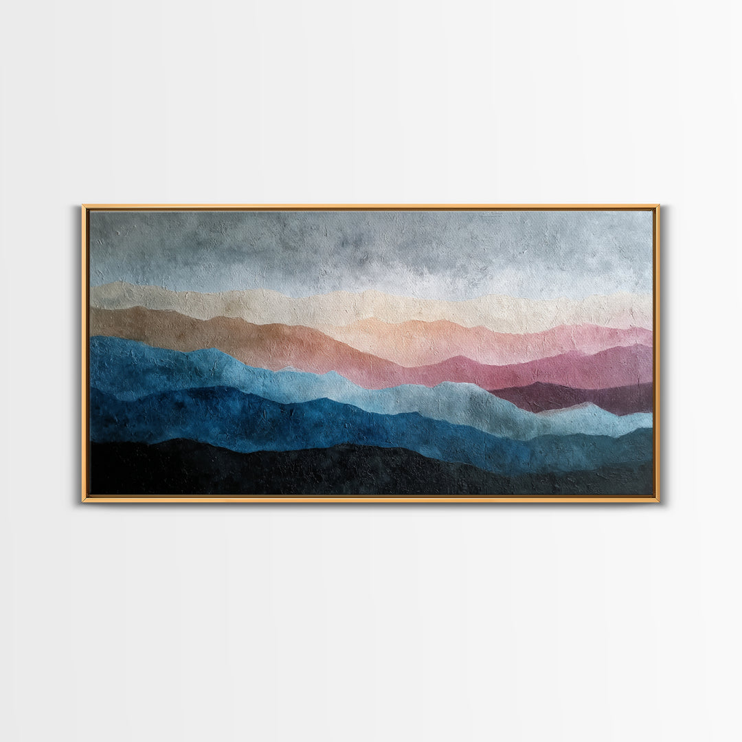 Blue Mountain Ridge Layers Framed Canvas Print, Monochrome Art, Bedroom Decor, Living Room Decor, Mono, Abstract Painting, MON-2x1-92