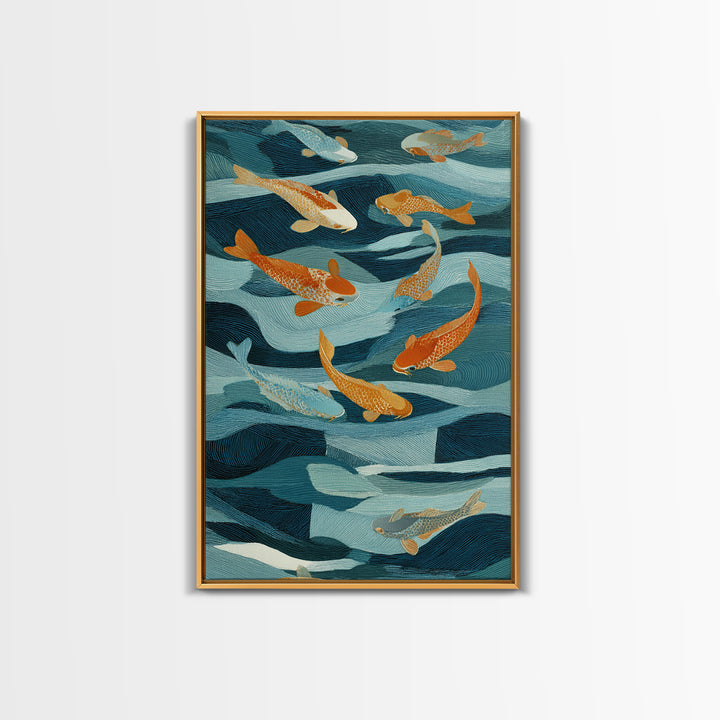 Teal Koi Fish on Tonal Water Framed Canvas Print, Monochrome Art, Wall Art, Living Room Decor, Fine Art, Mono, Abstract Art, MON-2x3-1