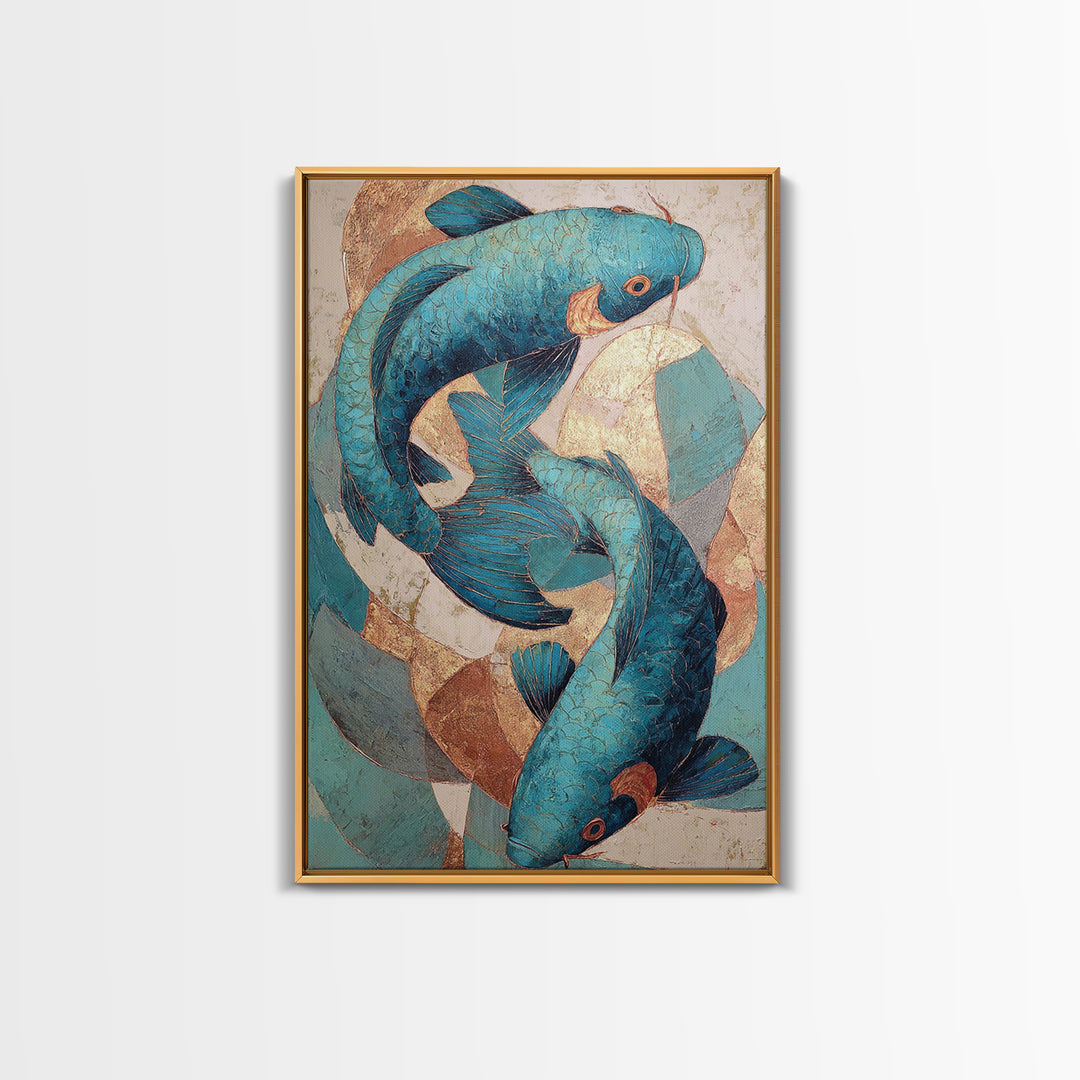 Teal Koi Fish on Tonal Water Framed Canvas Print, Monochrome Art, Wall Art, Living Room Decor, Fine Art, Mono, Abstract Art, MON-2x3-25