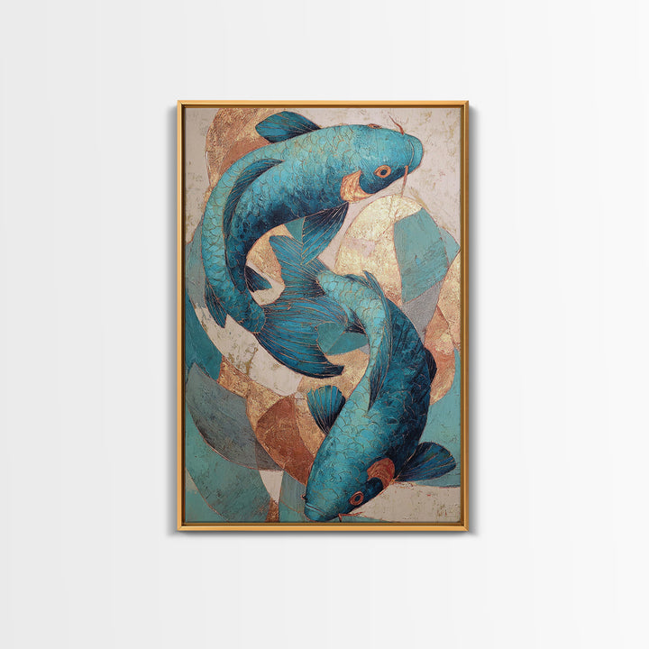 Teal Koi Fish on Tonal Water Framed Canvas Print, Monochrome Art, Wall Art, Living Room Decor, Fine Art, Mono, Abstract Art, MON-2x3-25
