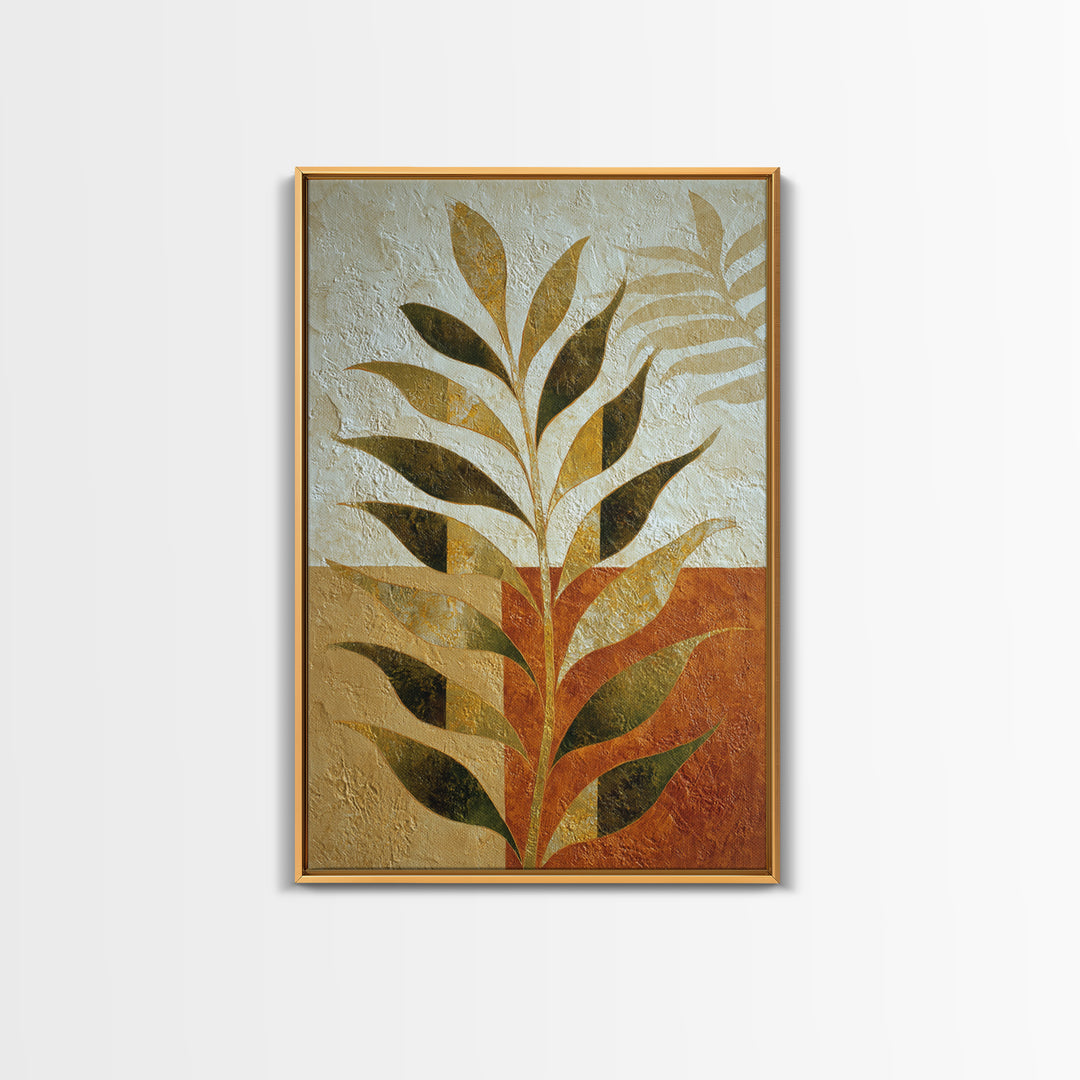 Olive Green Abstract Leaf Pattern Framed Canvas Print, Monochrome Art, Bedroom Decor, Living Room Decor, Oil Painting, Mono, MON-2x3-28