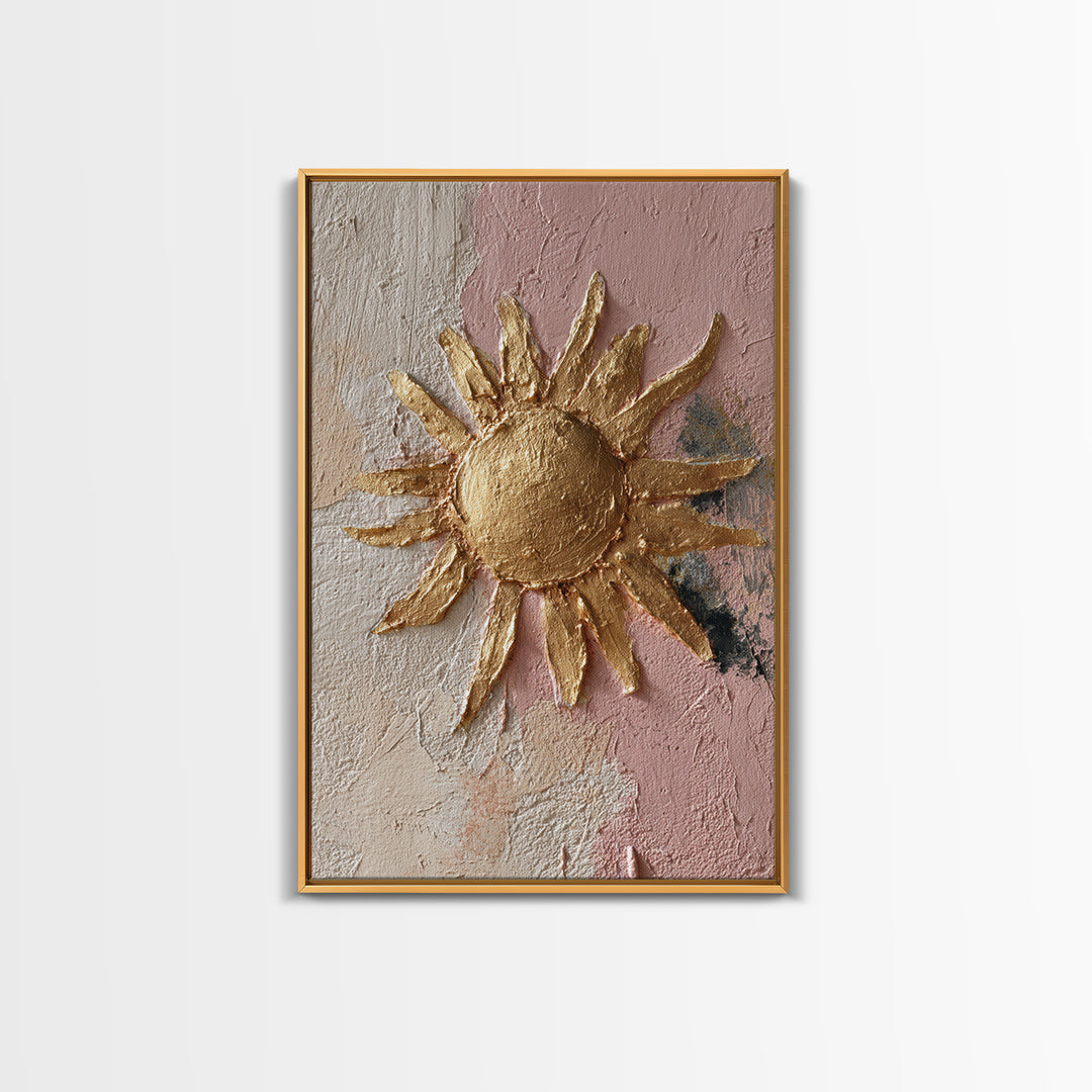 Gold Tonal Sunburst Medallion Framed Canvas Print, Monochrome Art, Textured Painting, Living Room Decor, Fine Art, Mono, MON-2x3-46