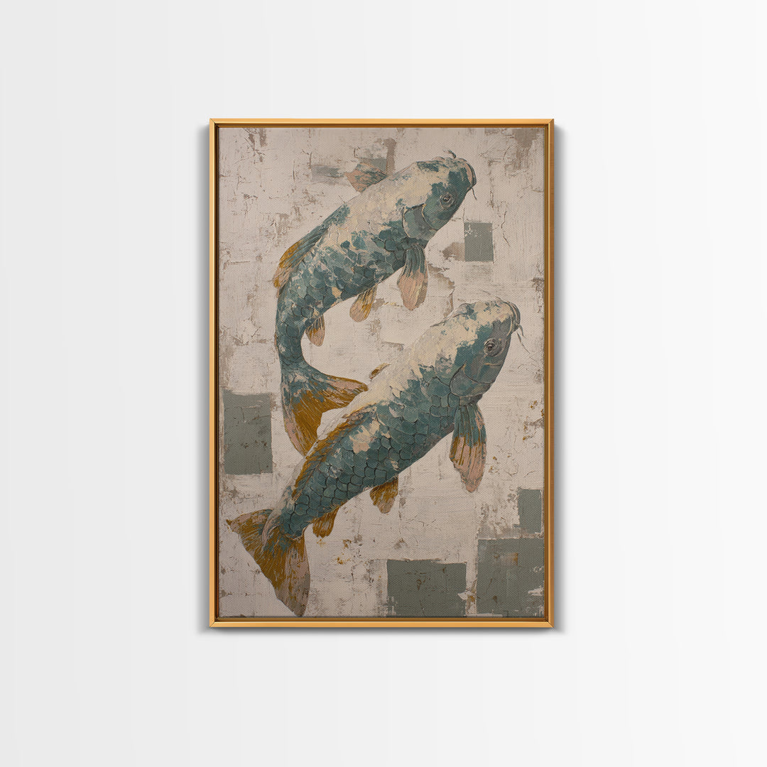 Teal Koi Fish on Tonal Water Canvas Print, Monochrome Art, Digital Art, Living Room Decor, Fine Art, Mono, Dark Academia Decor, MON-2x3-49