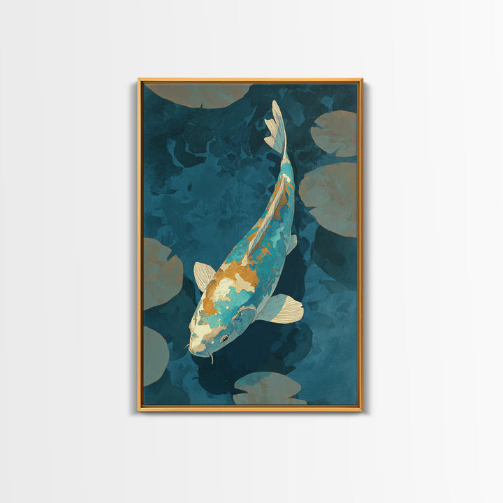 Teal Koi Fish on Tonal Water Framed Canvas Print, Monochrome Art, Original Art, Living Room Decor, Fine Art, Mono, Bird Art, MON-2x3-73