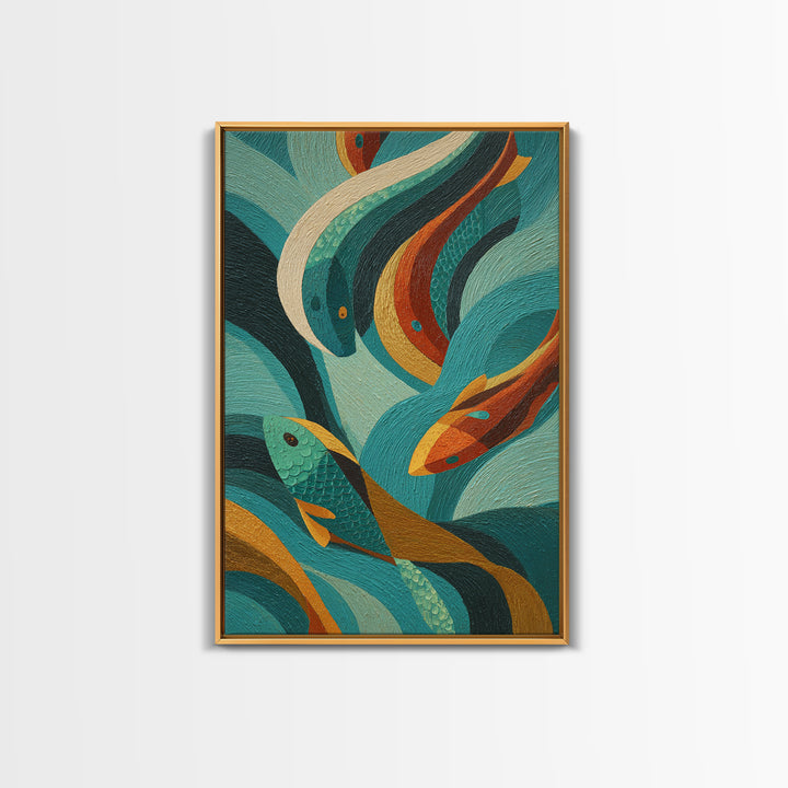 Teal Koi Fish on Tonal Water Framed Canvas Print, Monochrome Art, Original Art, Living Room Decor, Fine Art, Mono, Bird Art, MON-2x3-97
