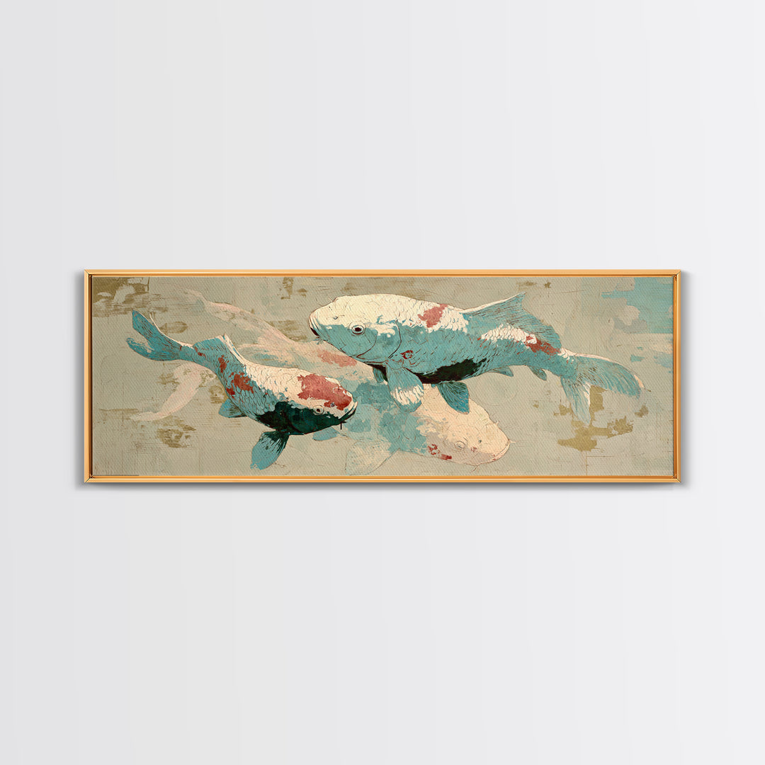 Teal Koi Fish on Tonal Water Canvas Print, Monochrome Art, Digital Print, Living Room Decor, Fine Art, Mono, Modern Art, MON-3x1-33