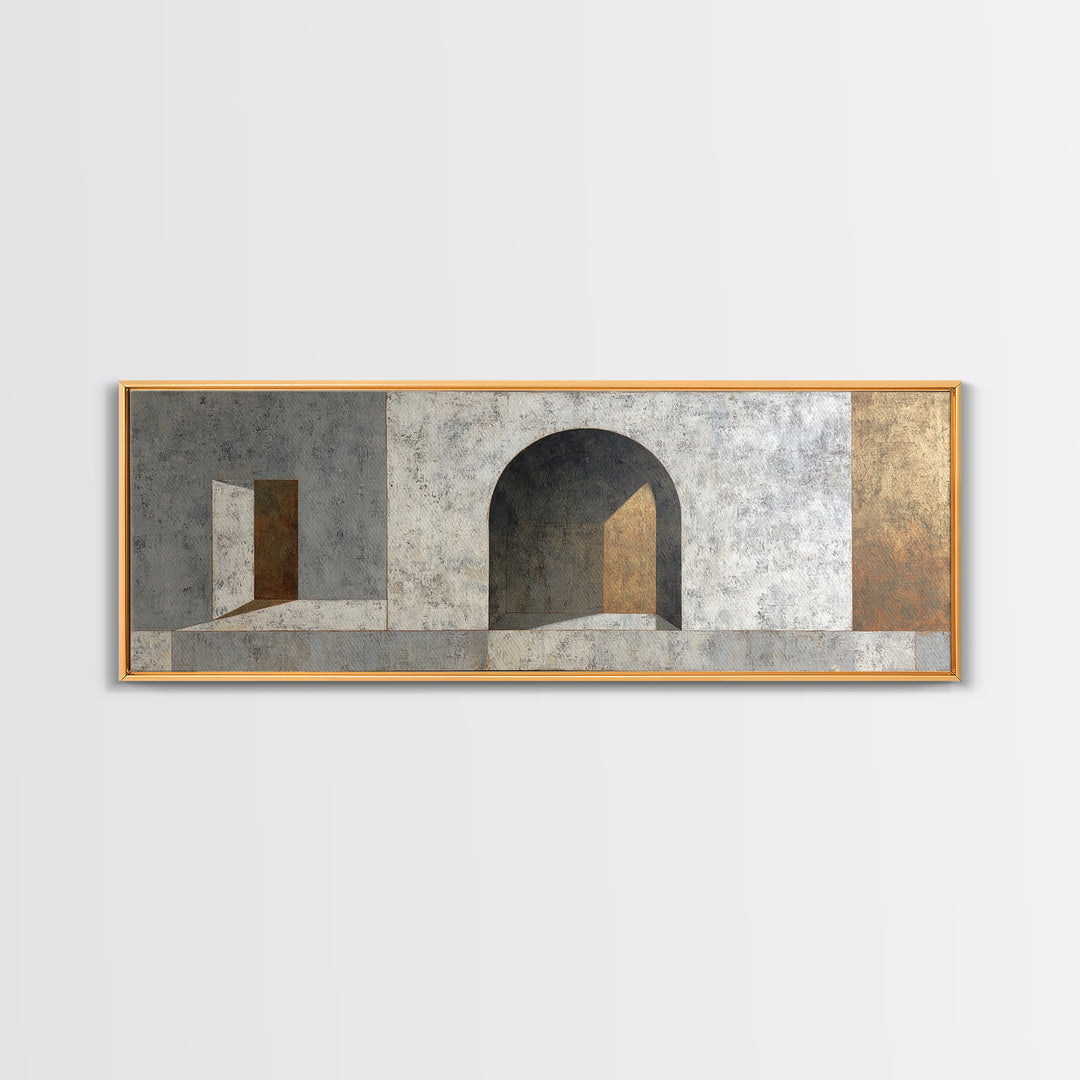 Gray Architectural Arch and Shadow Study Canvas Print, Monochrome Art, Large Wall Art, Living Room Decor, Watercolor Art, Mono, MON-3x1-50
