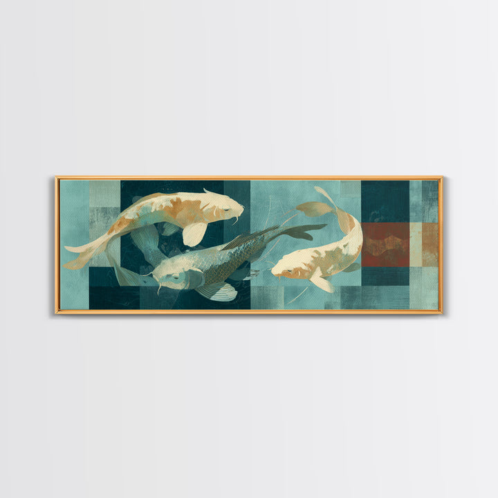 Teal Koi Fish on Tonal Water Framed Canvas Print, Monochrome Art, Dopamine Decor, Living Room Decor, Mono, Modern Decor, MON-3x1-57
