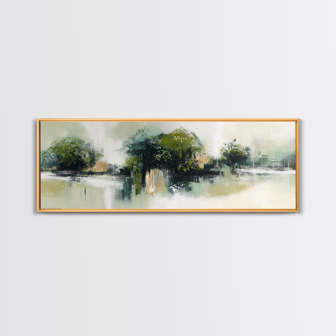 Deep Green Forest Silhouette Study Framed Canvas Print, Monochrome Art, Boho Wall Art, Living Room Decor, Oil Painting, Mono, MON-3x1-77