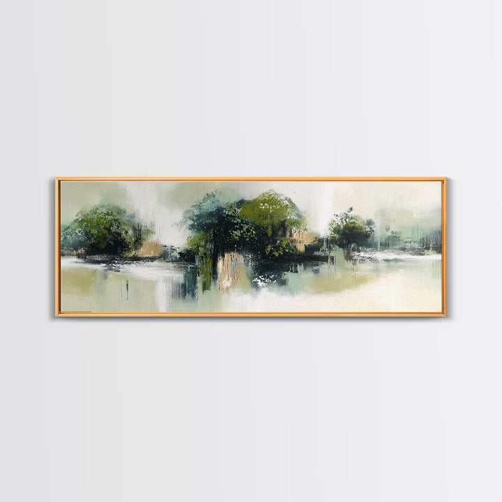 Deep Green Forest Silhouette Study Framed Canvas Print, Monochrome Art, Boho Wall Art, Living Room Decor, Oil Painting, Mono, MON-3x1-77