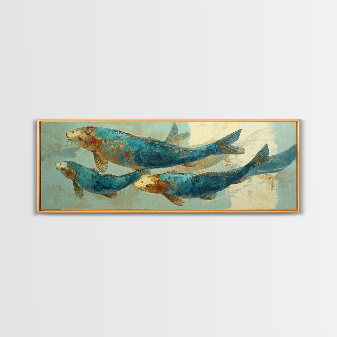 Teal Koi Fish on Tonal Water Framed Canvas Print, Monochrome Art, Dopamine Decor, Living Room Decor, Mono, Modern Decor, MON-3x1-81