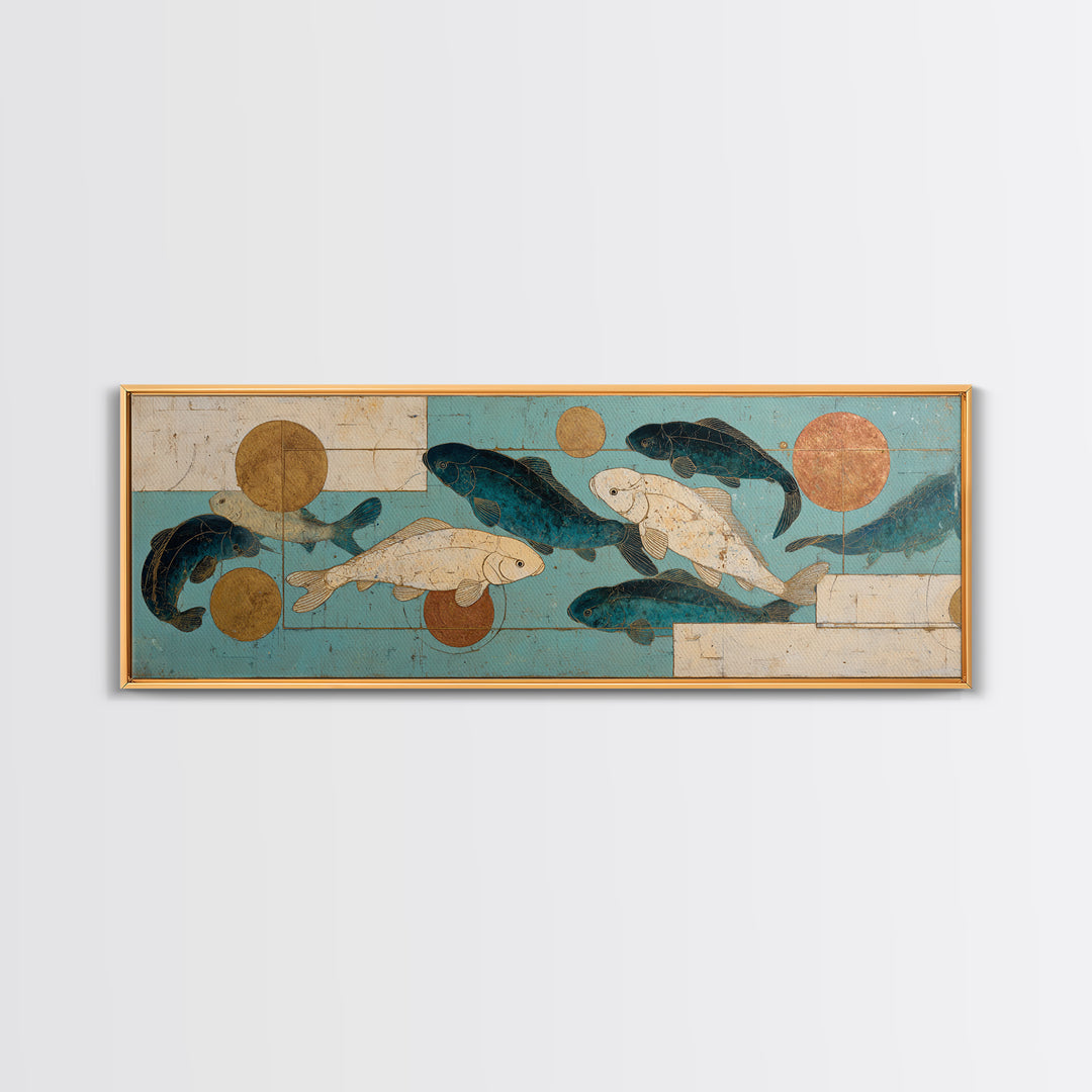 Teal Koi Fish on Tonal Water Framed Canvas Print, Monochrome Art, Digital Wall Art, Living Room Decor, Fine Art, Mono, MON-3x1-9
