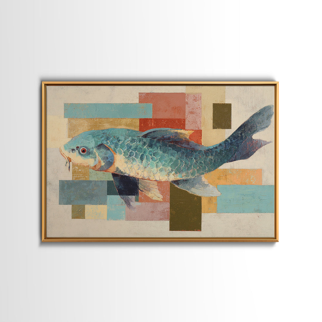 Teal Koi Fish on Tonal Water Canvas Print, Monochrome Art, Printable Art, Living Room Decor, Mono, Minimalist Wall Art, MON-3x2-21