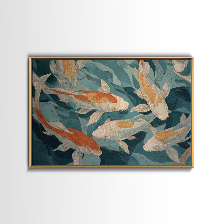 Teal Koi Fish on Tonal Water Framed Canvas Print, Monochrome Art, Modern Wall Art, Living Room Decor, Fine Art, Mono, MON-3x2-45