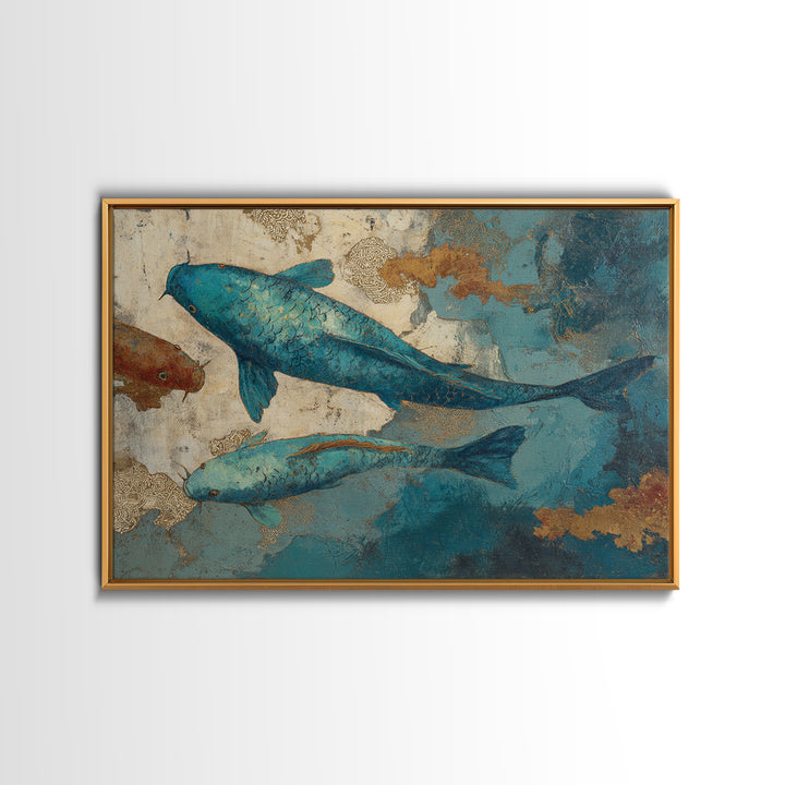 Teal Koi Fish on Tonal Water Framed Canvas Print, Monochrome Art, Modern Wall Art, Living Room Decor, Fine Art, Mono, MON-3x2-69