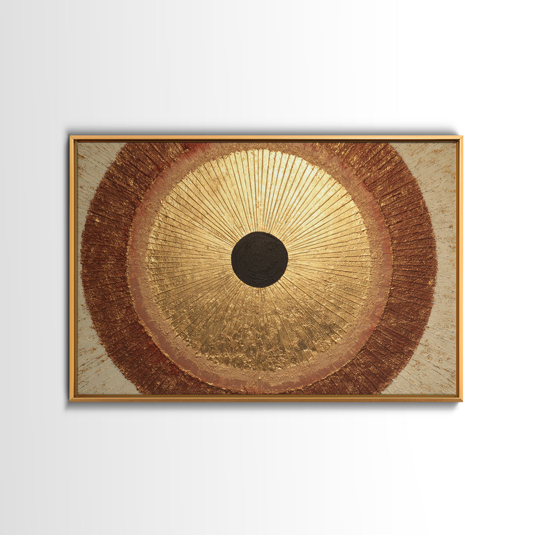 Gold Tonal Sunburst Medallion Framed Canvas Print, Monochrome Art, Dark Academia Decor, Living Room Decor, Fine Art, Mono, MON-3x2-90