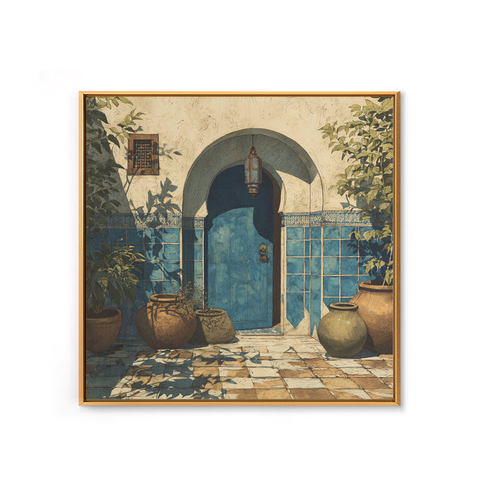 Arched Doorway with Lantern Glow and Patterned Canvas Print, Moroccan Art, Neutral Decor, Living Room Decor, Marrakesh, MOR-1x1-26
