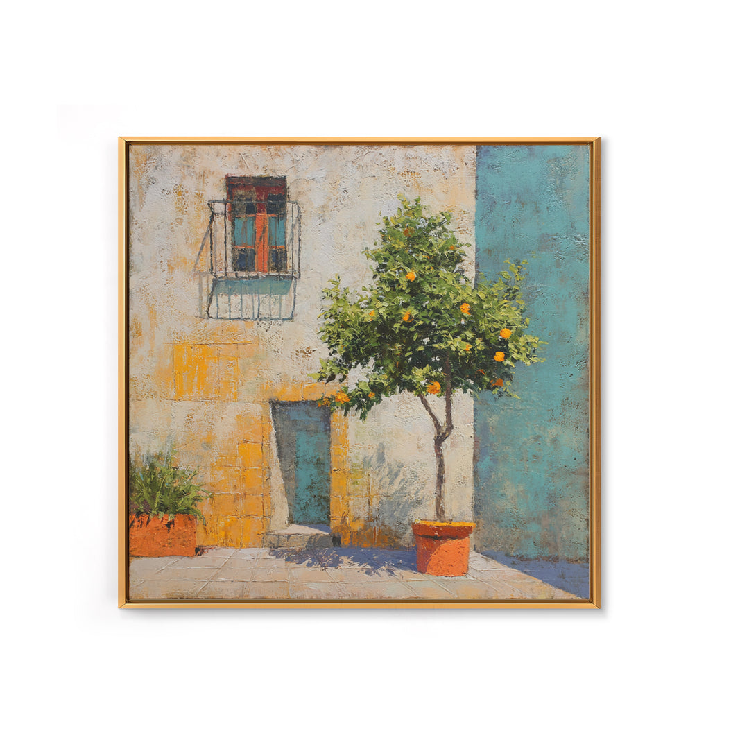 Orange Tree in Tiled Courtyard Framed Canvas Print, Moroccan Art, Contemporary Art, Living Room Decor, Oil Painting, Marrakesh, MOR-1x1-37