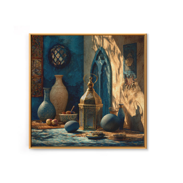 Brass Lantern Still Life Casting Lace Shadows Framed Canvas Print, Moroccan Art, Living Room Decor, Abstract Art, Marrakesh, MOR-1x1-57