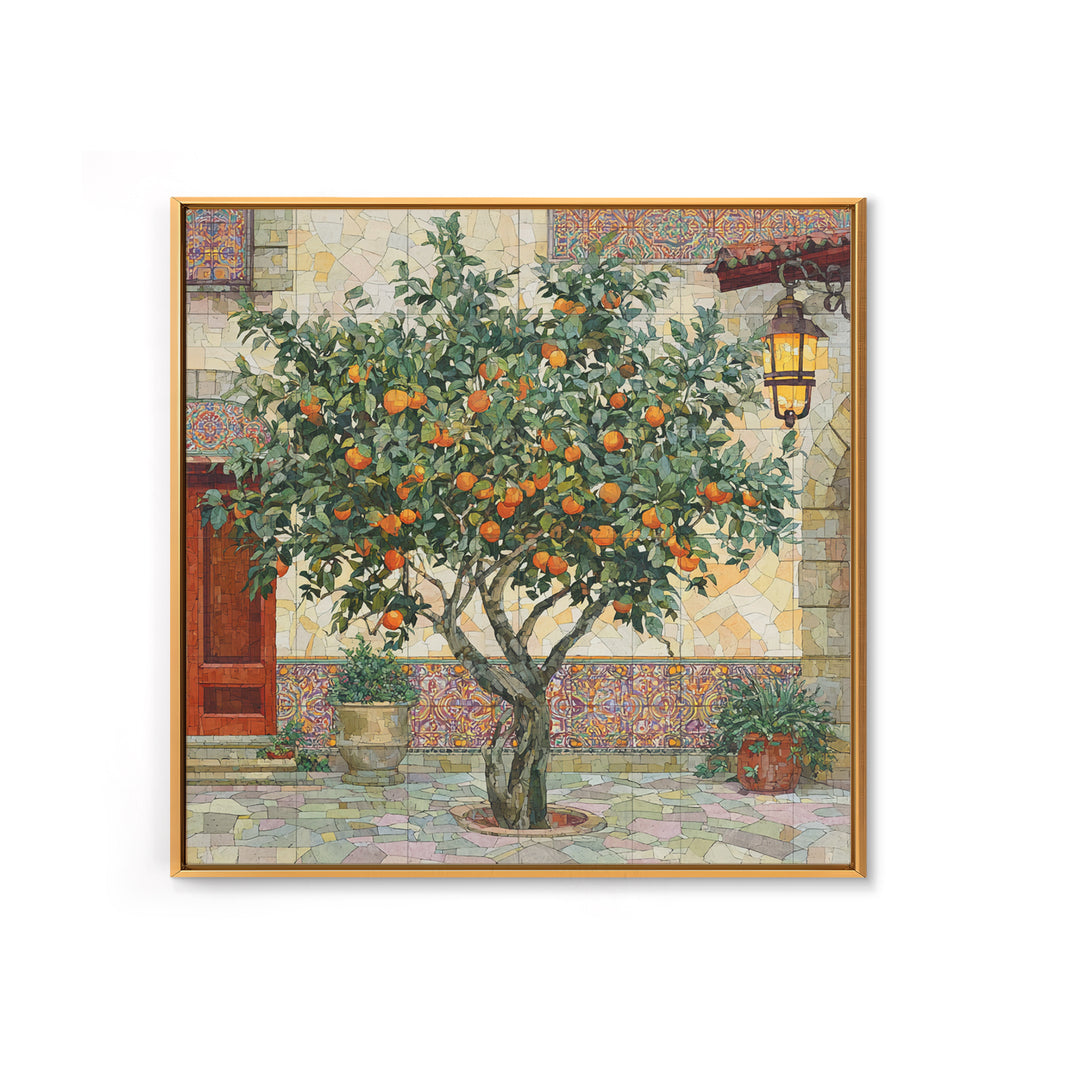 Orange Tree in Tiled Courtyard Framed Canvas Print, Moroccan Art, Contemporary Art, Living Room Decor, Oil Painting, Marrakesh, MOR-1x1-61